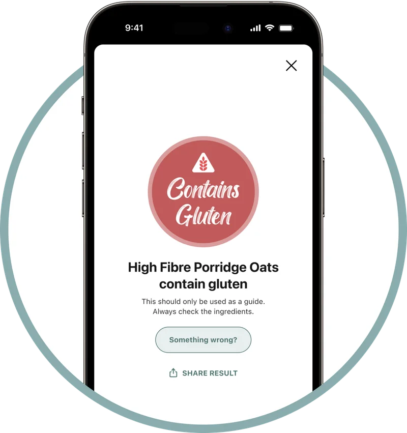 Phone showing a product contains gluten warning