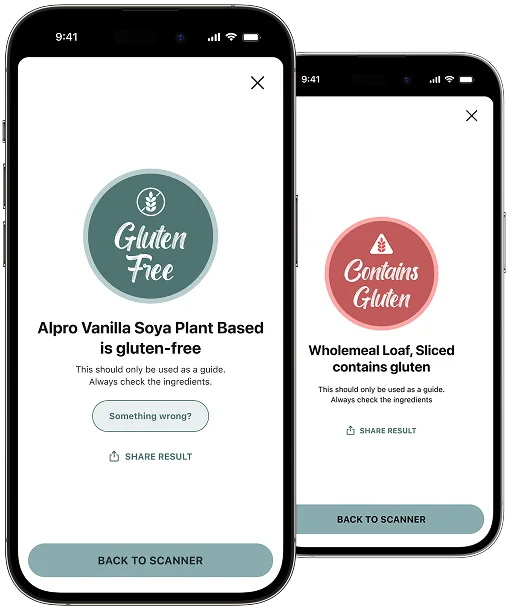 Two phones showing gluten-free and contains gluten results